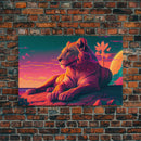 Lion contemplating life on a cliff, vibrant and colorful synthwave retro style art, framed canvas print