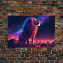 The Lion and the Galaxy, unique vibrant synthwave wall art, framed canvas print, animal lion print