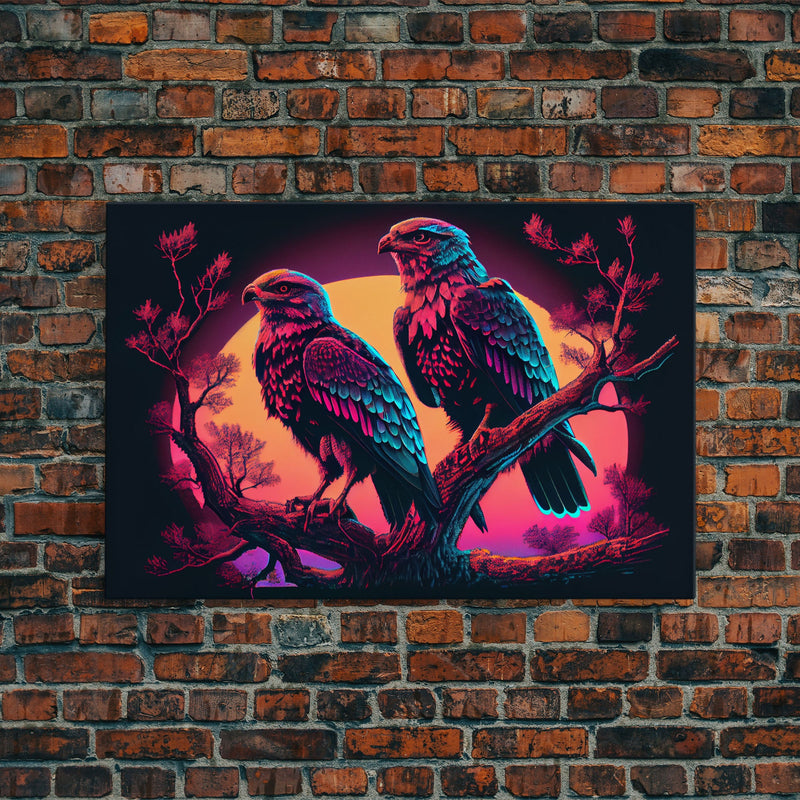 Birds of Prey at sunset, Hawks on a branch, framed canvas print