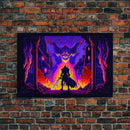 8 bit Pixel art, RPG video game concept art, Paladin faces the Dragon, synthwave style, framed canvas print