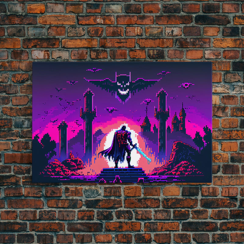 Barbarian vs Vampires, pixel art, DND RPG concept art, vaporwave aesthetic gamer room art, framed canvas print