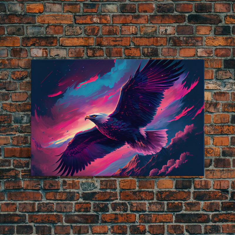 Bald eagle in flight, vaporwave aesthetic art, eagle against a pastel sunset sky, framed canvas art, framed print