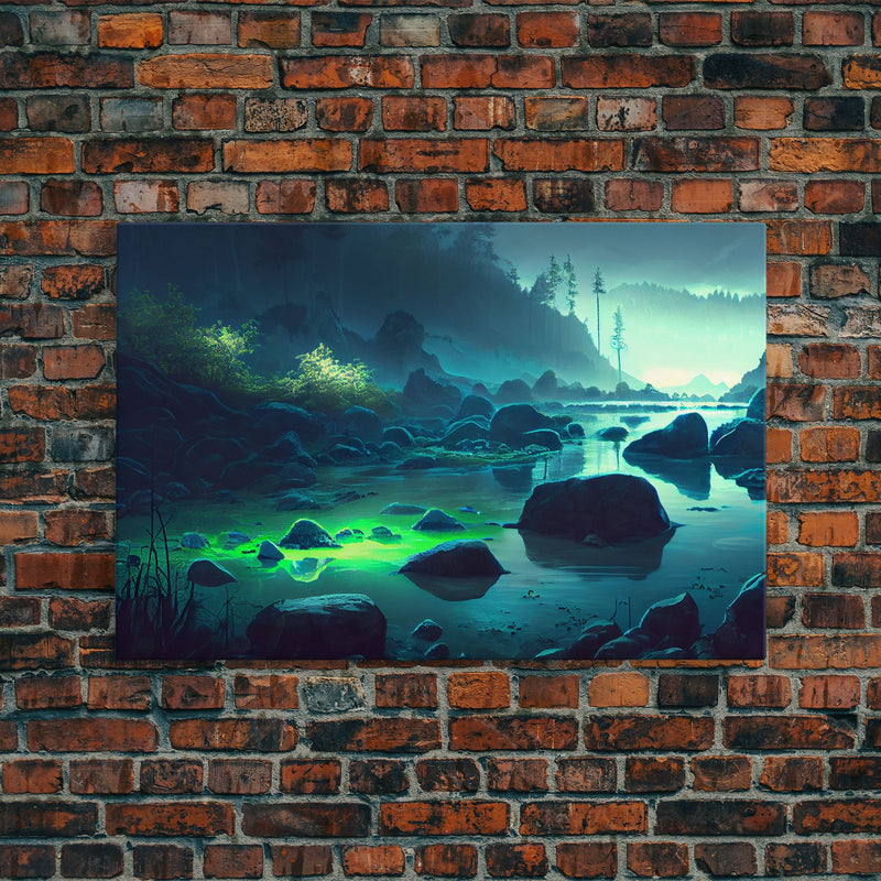 Bioluminescent glowing river, cool nature watercolor art, framed canvas print