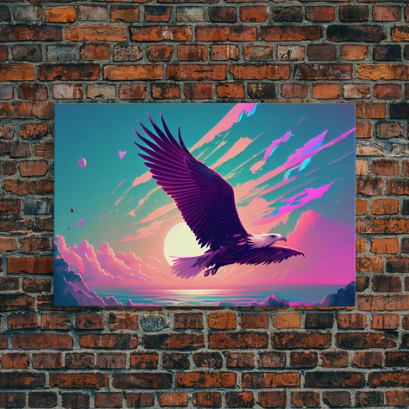 Bald eagle in flight, vaporwave sunset, vaporwave art, framed canvas print, pink and turquoise art