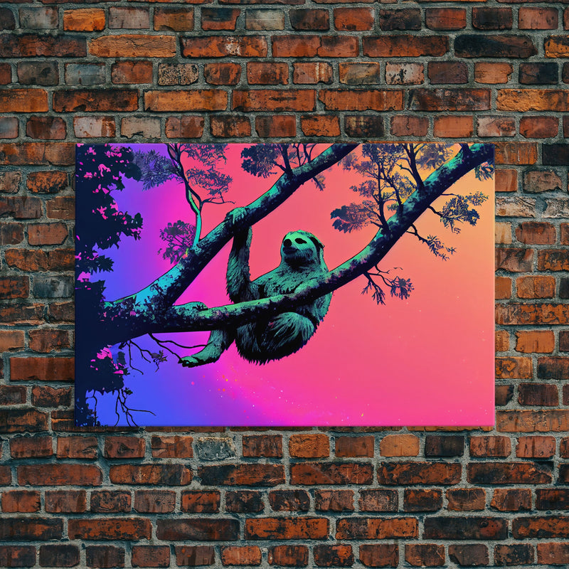 What a cool sloth man, vaporwave sloth art, framed canvas print, wall art with frame and a cool lookin' sloth