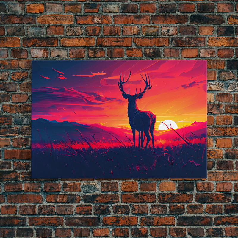 12 point buck, Sunset, framed canvas print, gift for a hunter