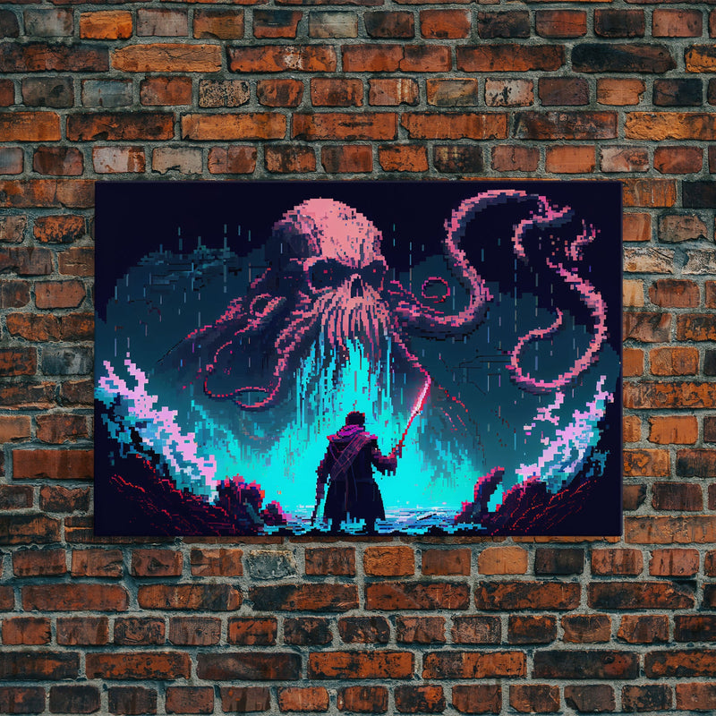 Warrior Vs Cthulhu, RPG concept pixel art, framed canvas print, outrun video game art