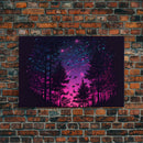 Synthwave Starry Night Time Lapse in a pine tree forest, framed canvas print, timelapse art