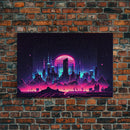 Cyberpunk city skyline superimposed over a sunset, synthwave style dystopian  art, framed canvas print