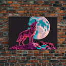 Howl at the moon, wolf art, framed canvas print, synthwave / vaporwave art