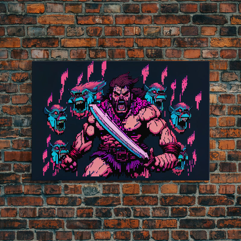 Barbarian pixel art, vaporwave RPG concept art, framed canvas print