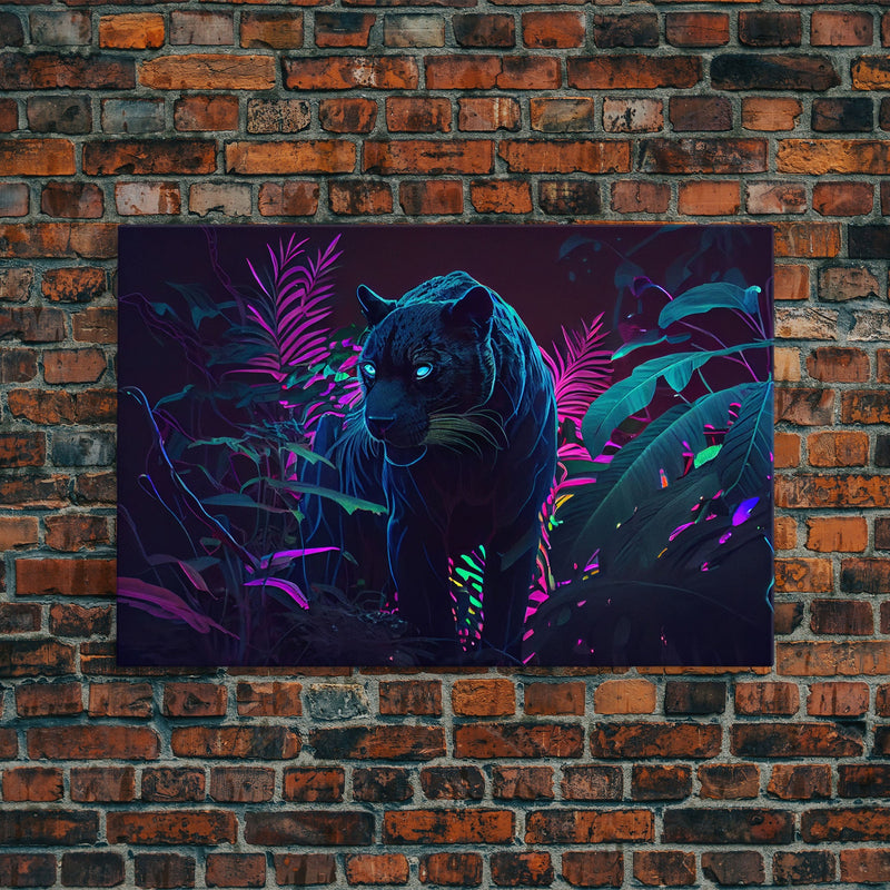 Black panther on the hunt in the jungle, glowing blue eyes, synth wave aesthetic art, framed canvas print