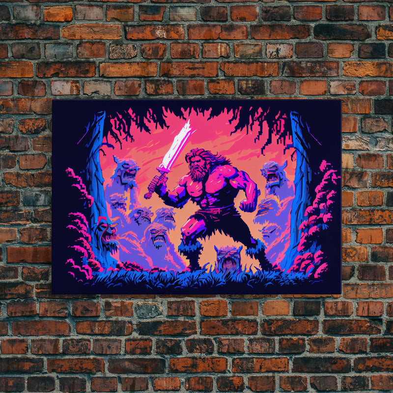 Barbarian pixel art, vaporwave RPG concept art, framed canvas print, synthwave tabletop art