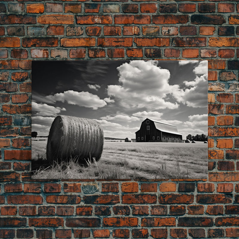 Black and White Photo Of a Barn and Hay Bail, Liminal Art, Country Decor, Farmhouse Style Art, Canvas Print