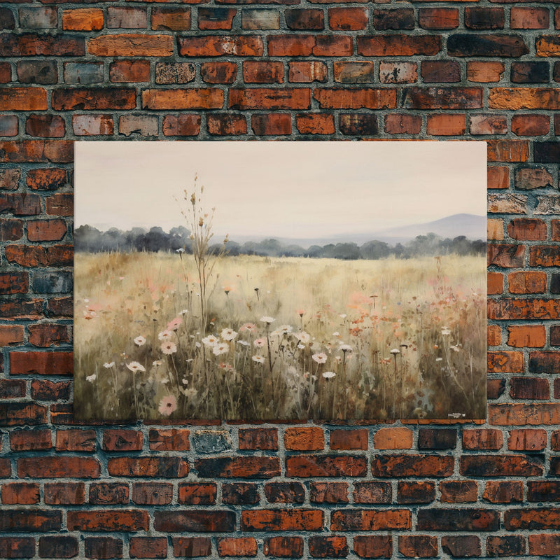 Wildflower Fields Landscape Oil Painting Print Large Wall Art Print, Framed Canvas Nature Wall Decor, Rustic Living Room Country Landscape