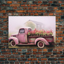 Framed Picture of old truck with beautiful flowers in bed of truck, farmhouse living, old barn, farmhouse distressed, framed canvas print