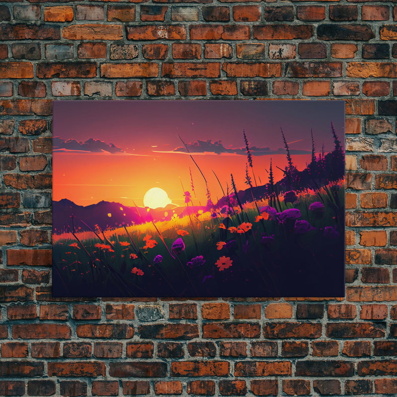 Watercolor of a beautiful sunset over a vibrant field of flowers, framed canvas print, framed art