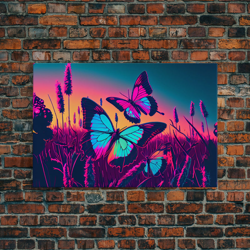 Beautiful turquoise butterfly art, vaporwave aesthetic pastel art, framed canvas print, synthwave art