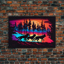 Wolves on the hunt at sunset, synthwave animal art, framed canvas print, vaporwave aesthetic animal art