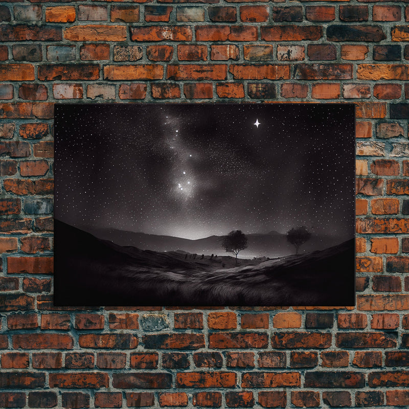 Black and white Watercolor of a starry night sky over the planes of Texas, framed canvas print