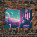 Vaporwave Aesthetic Scifi Art, In Transit, Astronaut riding the space train, framed canvas print