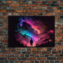 Contemplating the Universe, retro style space art, framed canvas print, synthwave space decor