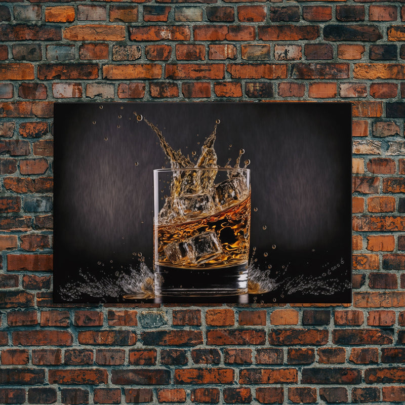 Whiskey Wall DÃ©cor, Glass of Whiskey with Splash, Man Cave Wall Art, Whisky Artwork, Home Bar Decor, Framed Canvas Print