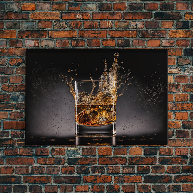 Whiskey Wall DÃ©cor, Glass of Whiskey with Splash, Man Cave Wall Art, Whisky Artwork, Home Bar Decor, Framed Canvas Print, Manly Art