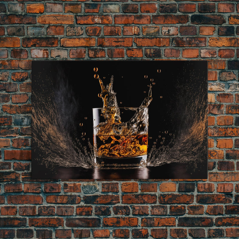 Whiskey Wall DÃ©cor, Ice falling into a glass of whiskey, modern / contemporary bar wall art, framed canvas print