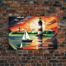 Sailboat and Lighthouse | WPAP Art Style Painting Print | Framed Canvas Print | Colorful Minimalist Art | Nautical Art | Pop Art