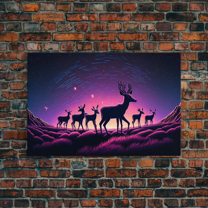 Wildlife at Night, Timelapse art, framed canvas print, synthwave style animal art