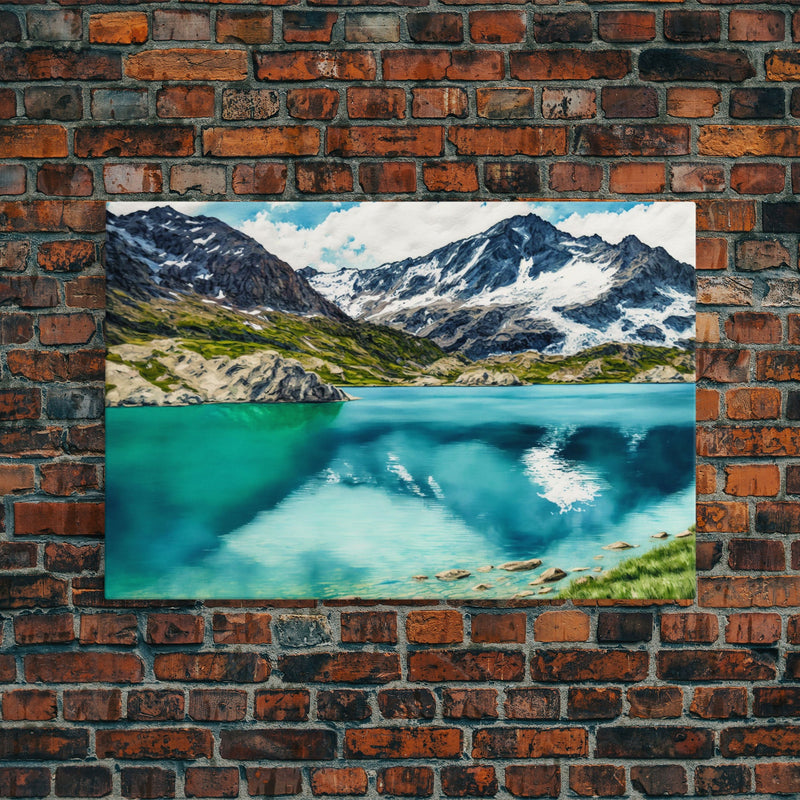 Watercolor painting canvas print of a mountain lake landscape, framed canvas print, framed wall art