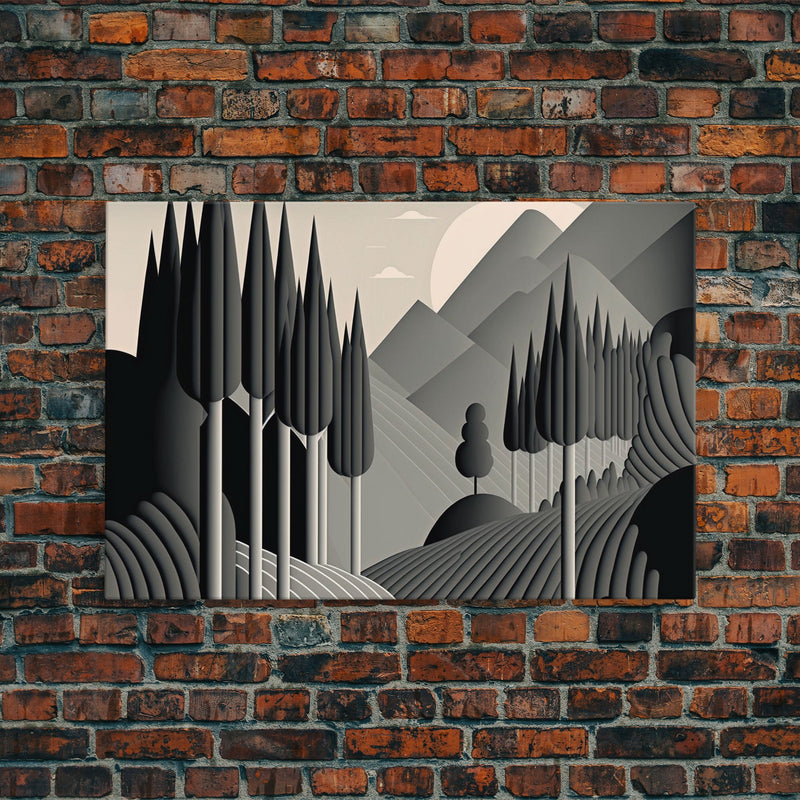 Art Deco Style Greyscale Landscape, Monochromatic Drab and Dreary art, framed canvas print, large format art