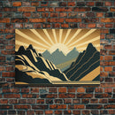 Art Deco Style Mountain landscape at Sunset, Framed Canvas Print, Large Format Wall Art, Huge Wall Decor