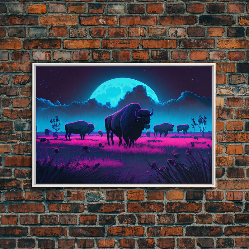 American Buffalo, Retrowave art, herd of Bison and a full moon, framed canvas print