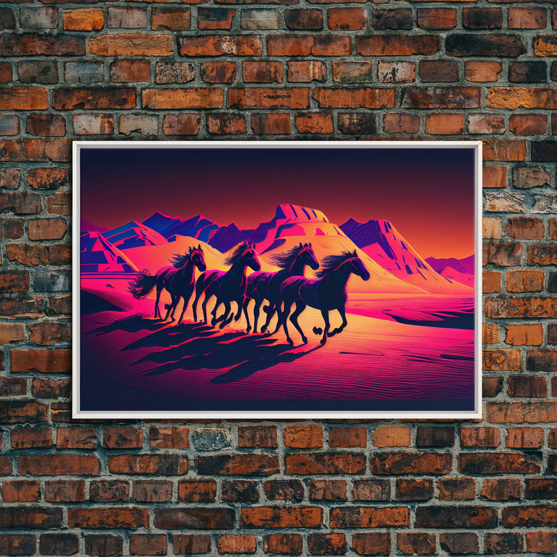 Wild Arabian Horses - Vibrant synthwave nature art, framed canvas print