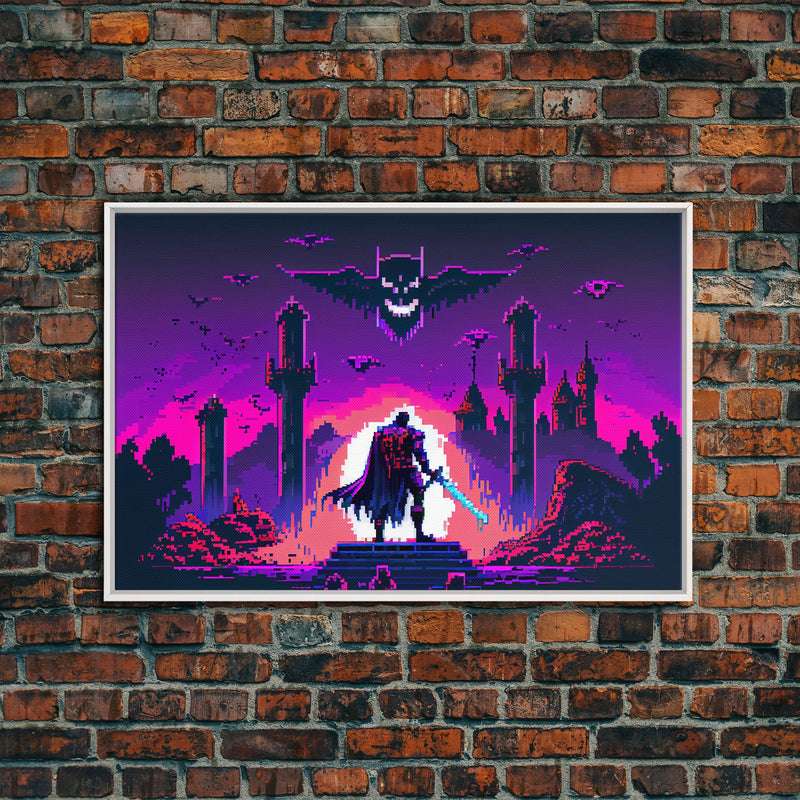 Barbarian vs Vampires, pixel art, DND RPG concept art, vaporwave aesthetic gamer room art, framed canvas print