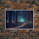 The magical enchanted forest is lit brightly with fireflies at night, framed canvas print, fantasy art