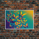 Synthwave Tangerine butterflies, beautiful butterfly art, framed canvas print, framed wall art