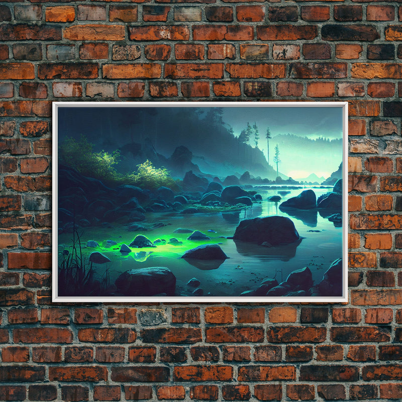 Bioluminescent glowing river, cool nature watercolor art, framed canvas print