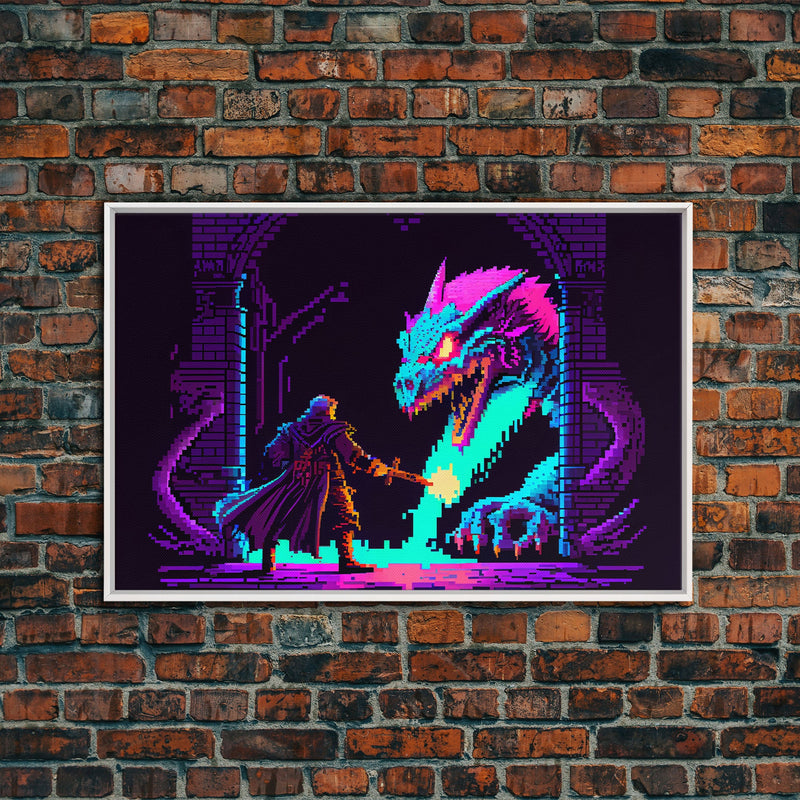 Wizard VS Hydra, RPG pixel art, vaporwave aesthetic video game pixel art, framed canvas print