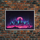 Cyberpunk city skyline superimposed over a sunset, synthwave style dystopian  art, framed canvas print