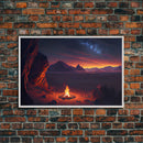Watercolor of a prehistoric campfire, primitive art, framed canvas print
