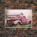 Framed Picture of old truck with beautiful flowers in bed of truck, farmhouse living, old barn, farmhouse distressed, framed canvas print