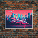 Pink Flamingos, Vaporwave aesthetic style art, framed canvas print, framed wall art