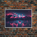 Pink Flamingos against a starry night sky, synthwave vibes, framed canvas print, framed art
