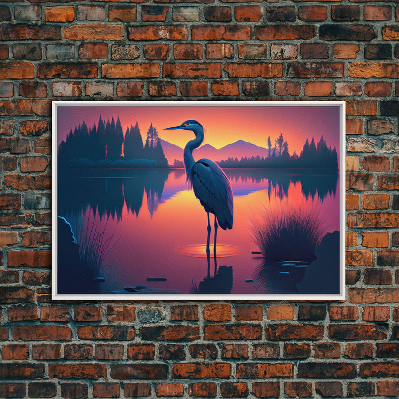 A stork standing in a calm lake at sunset, framed canvas print