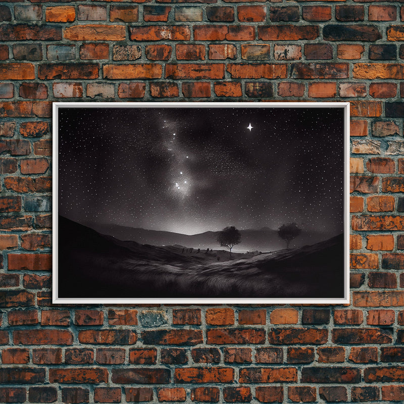 Black and white Watercolor of a starry night sky over the planes of Texas, framed canvas print