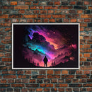 Contemplating the Universe, retro style space art, framed canvas print, synthwave space decor