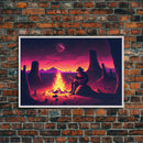 Valley Canyon Man Campfire Guitar Landscape Magenta Fine Art Print, Wall Art Print, Wall Poster, Wall Décor